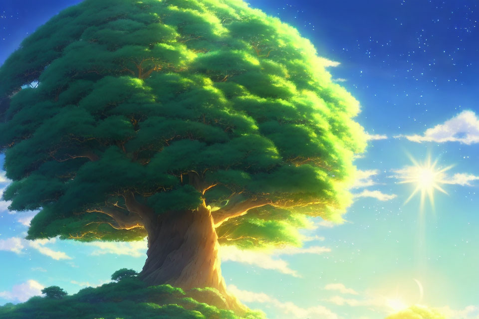 Majestic tree with lush green foliage under sunset sky.