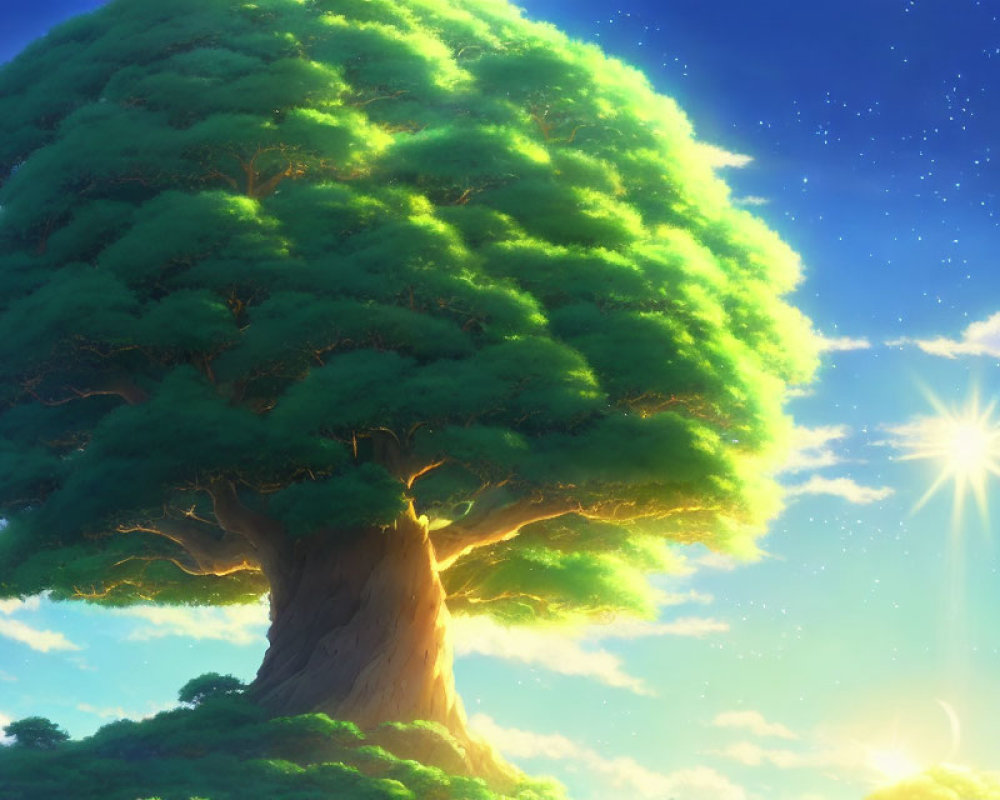 Majestic tree with lush green foliage under sunset sky.