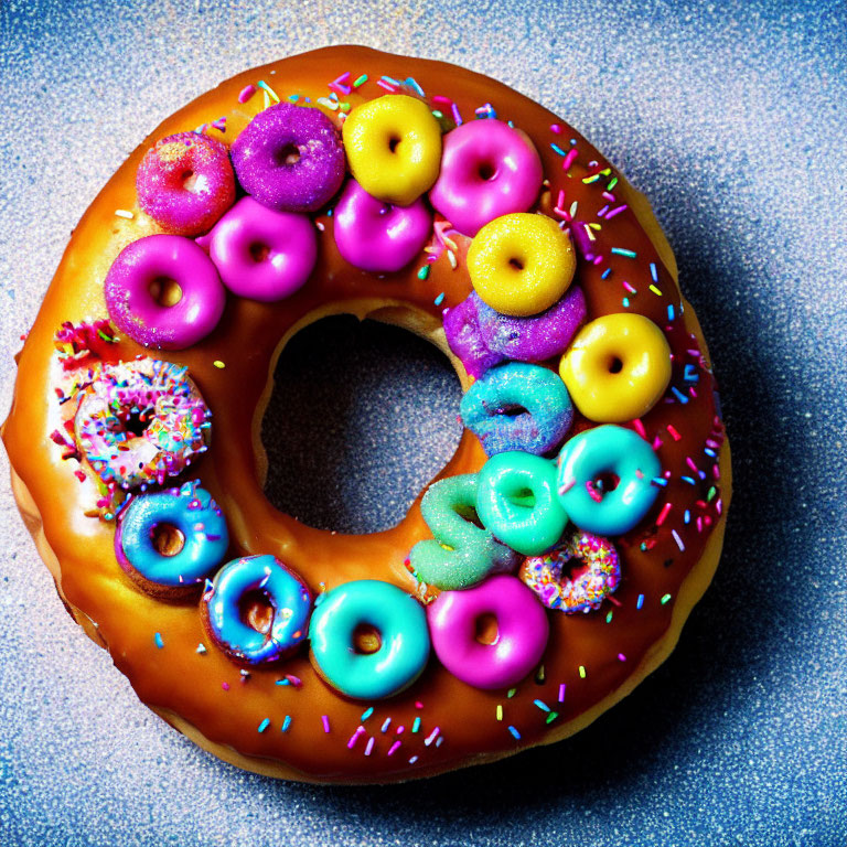 Colorful Mini Doughnuts atop Large Doughnut with Multicolored Toppings