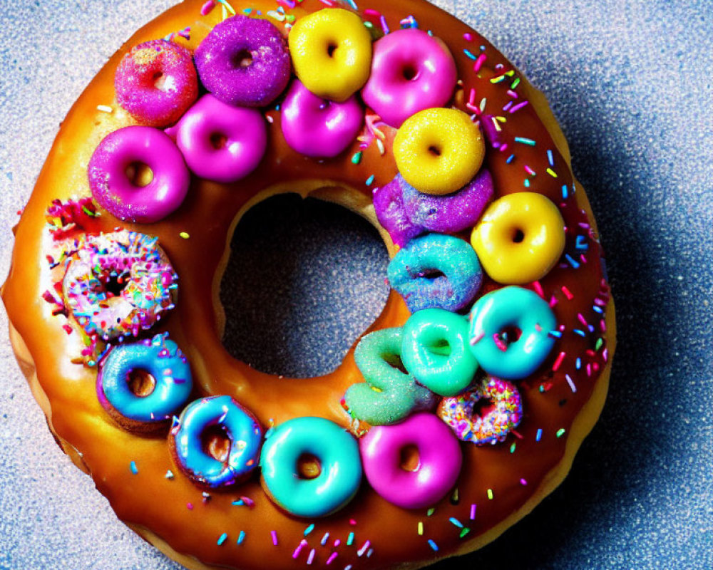 Colorful Mini Doughnuts atop Large Doughnut with Multicolored Toppings