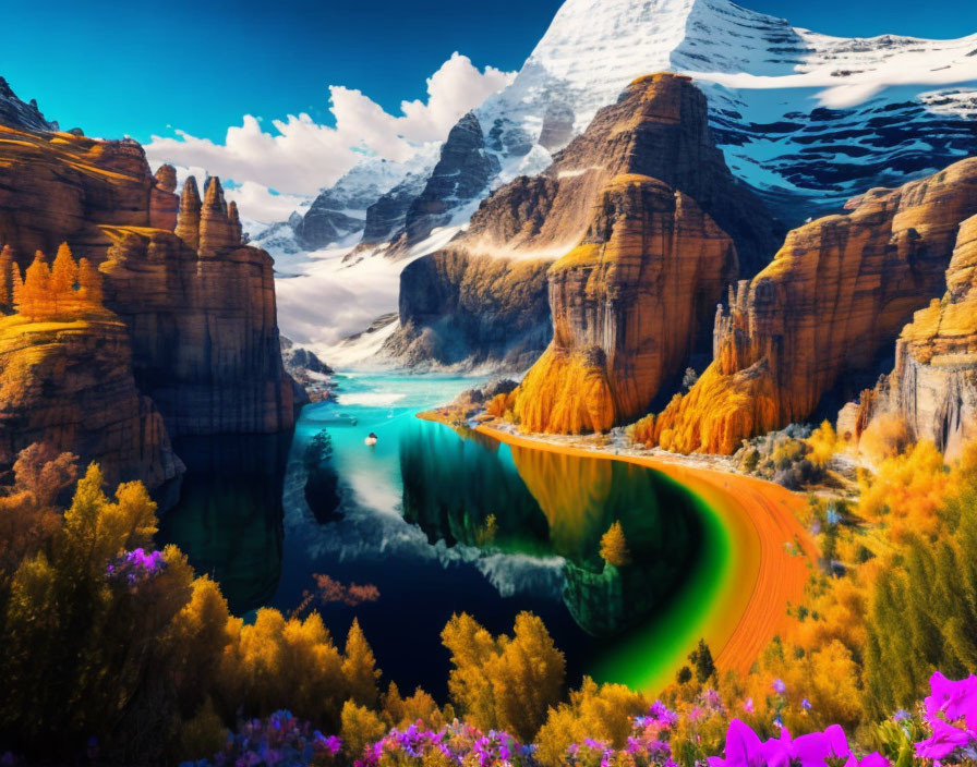 Colorful Autumn Landscape with Turquoise River and Snow-Capped Mountains