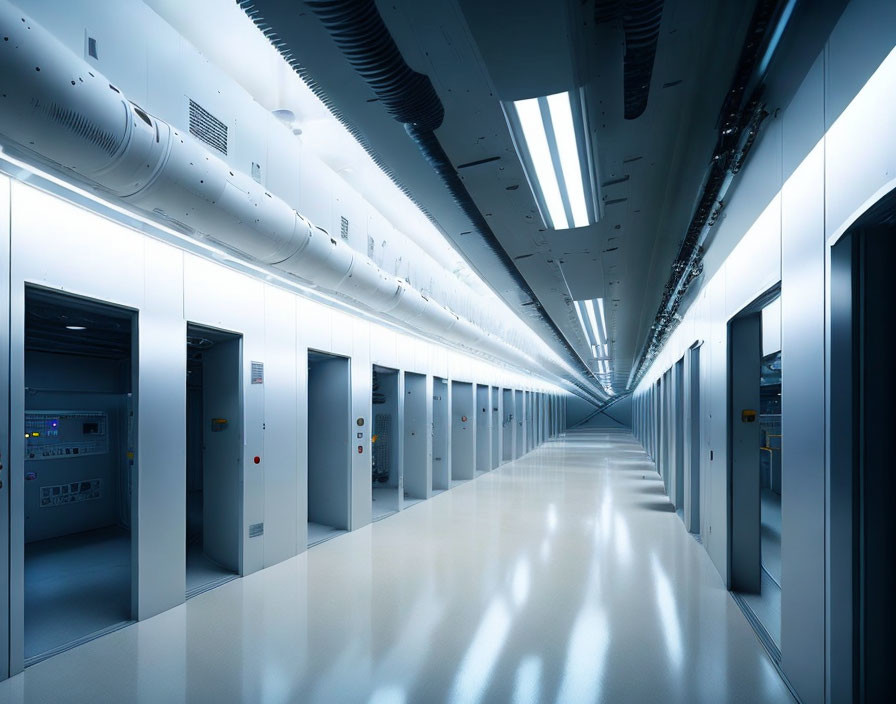 Modern Data Center Corridor with Server Cabinets and Strip Lighting