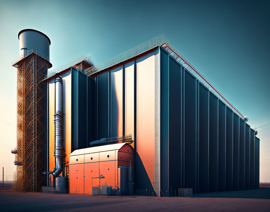 Industrial building with large chimney and metallic facade at twilight