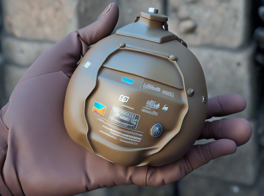 Bronze-colored spherical object with fictional control labels and symbols