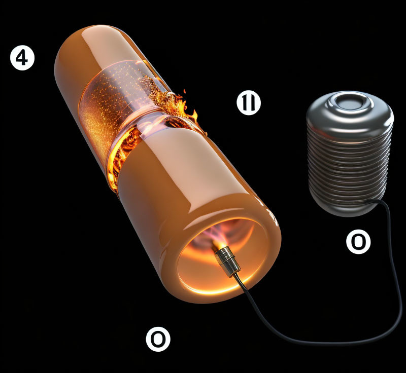 Transparent cylindrical battery with fiery reaction connected to conventional battery