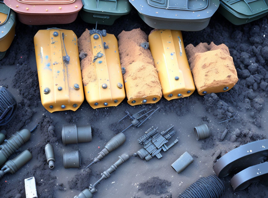 Colorful Plastic Toy Parts and Accessories in Sand Resemble Mechanical Components