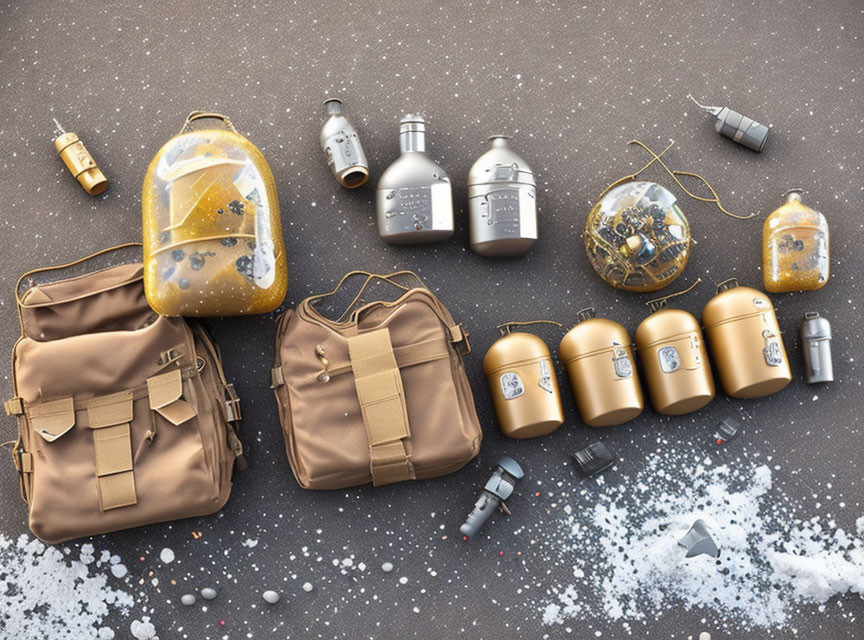 Beige bags and sci-fi bottles on starry background