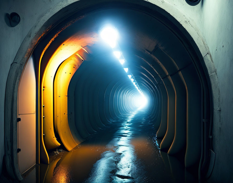 Illuminated tunnel with concentric rings and bright light reflection