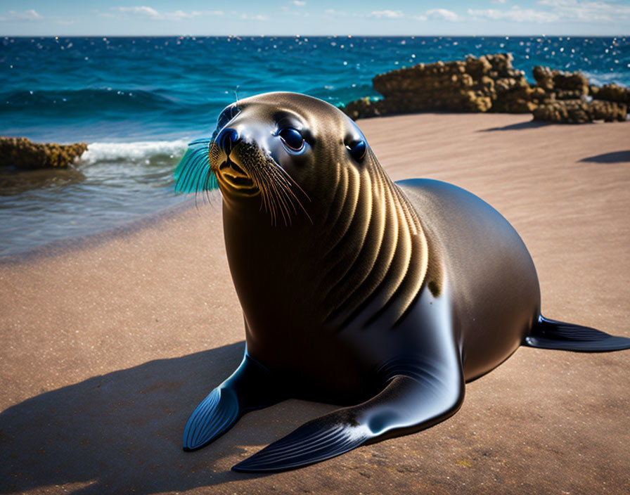 Sea lion resting on sandy beach with rocks and ocean backdrop