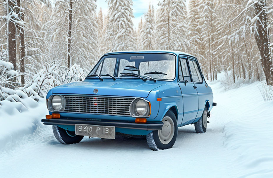 Vintage Blue Car Parked on Snow-Covered Road in Winter Forest