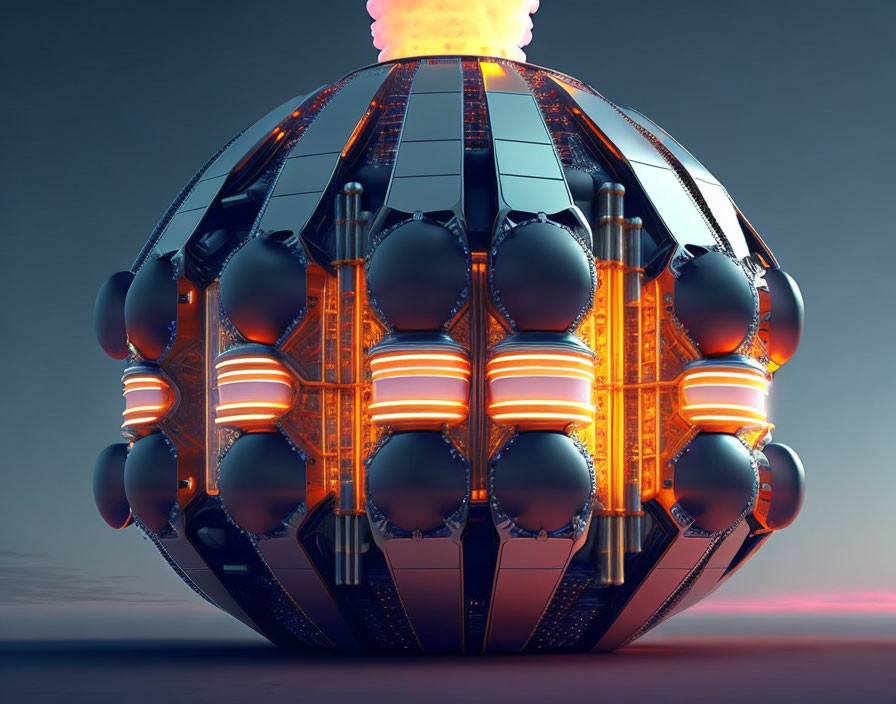 Futuristic spherical structure with illuminated orange lines and flames against twilight sky