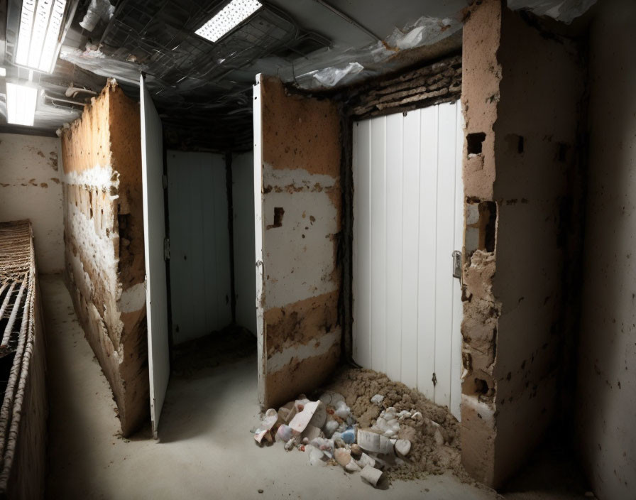 Abandoned interior with crumbling walls and debris near closed white door