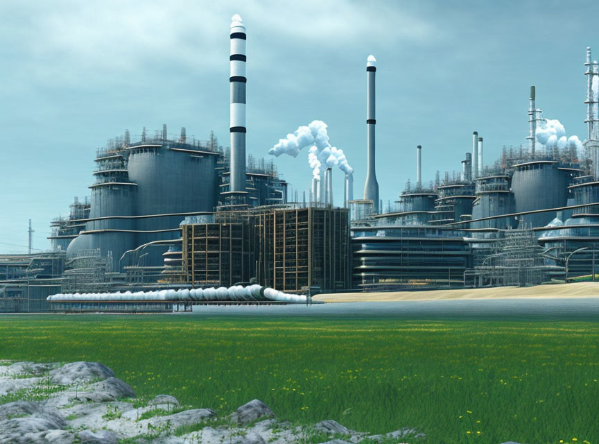 Industrial complex with chemical plants, chimneys, and pipes under clear sky