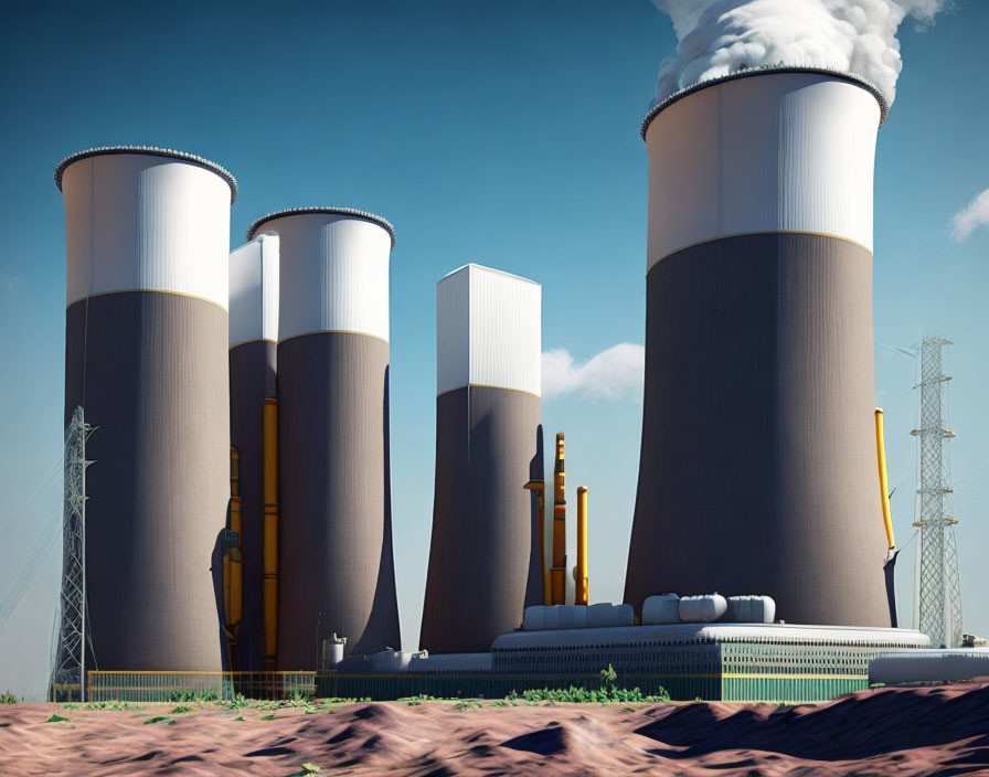 Industrial power plant with four cooling towers emitting steam under clear blue sky