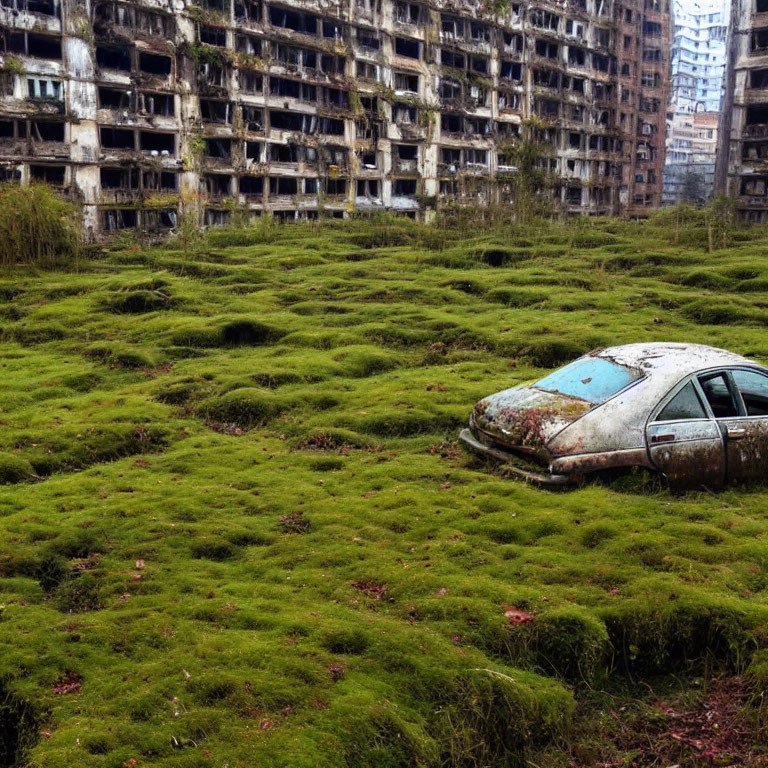 Overgrown Field with Rusty Car and Dilapidated Buildings