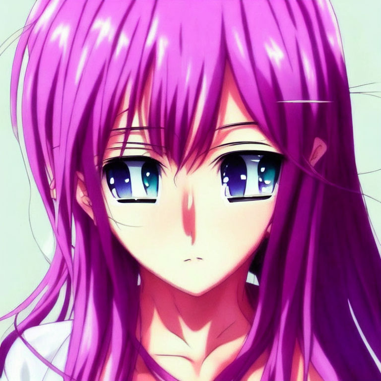 Anime character with purple hair and big blue eyes.