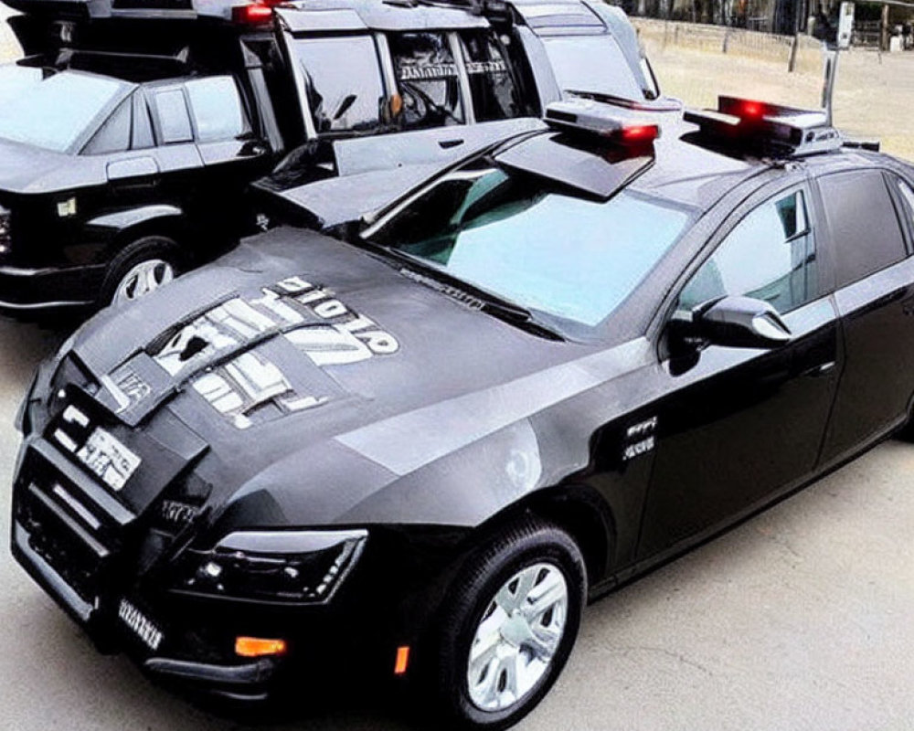 Black and white police cars with flashing lights parked outdoors