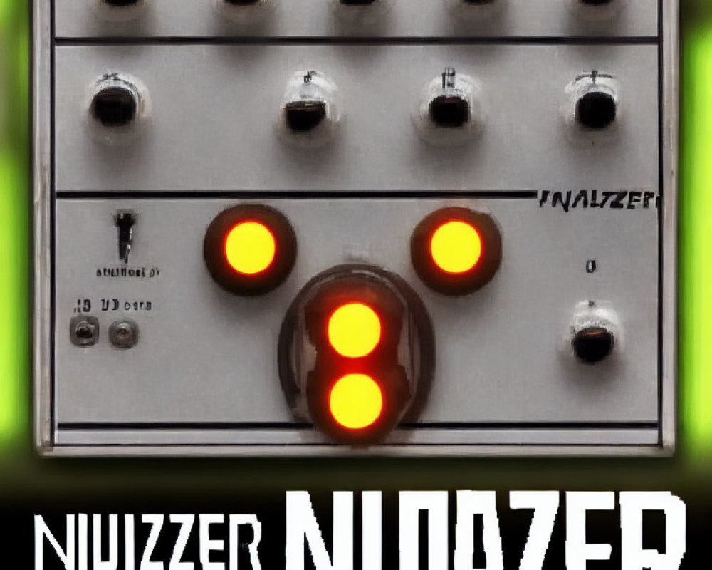 Electronic device with knobs, red illuminated buttons, and "ANALYZER" label.