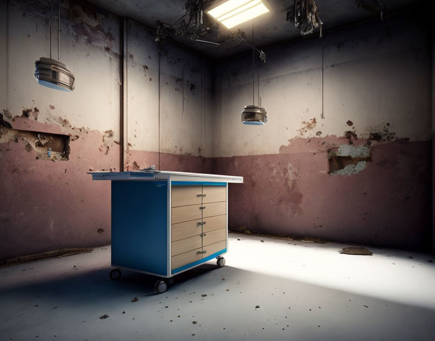 Abandoned room with peeling pink walls and blue medical cabinet