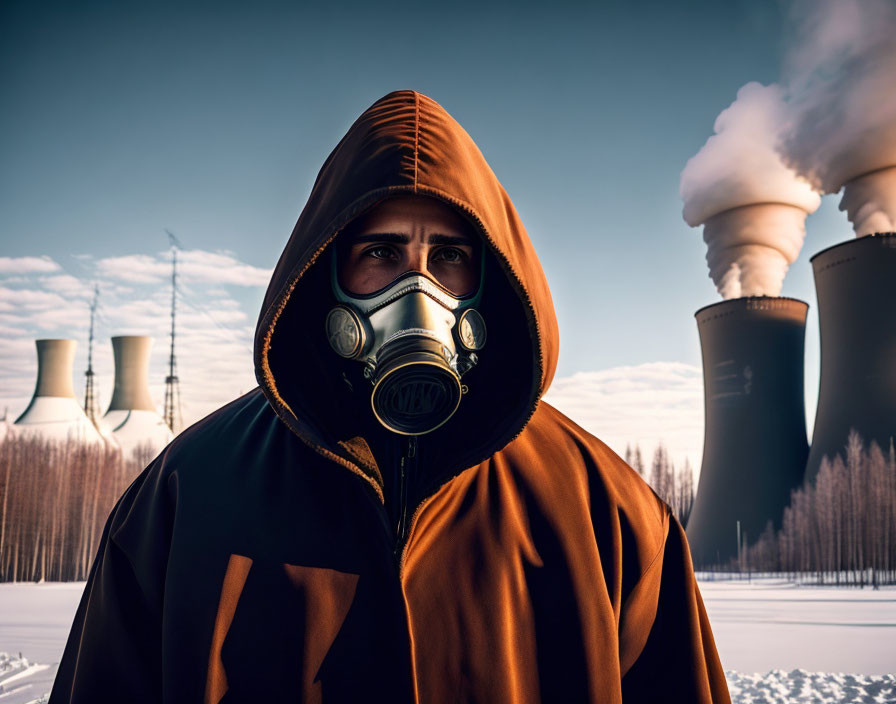 Person in gas mask and hood by industrial smokestacks emitting smoke, clear sky and forest backdrop.