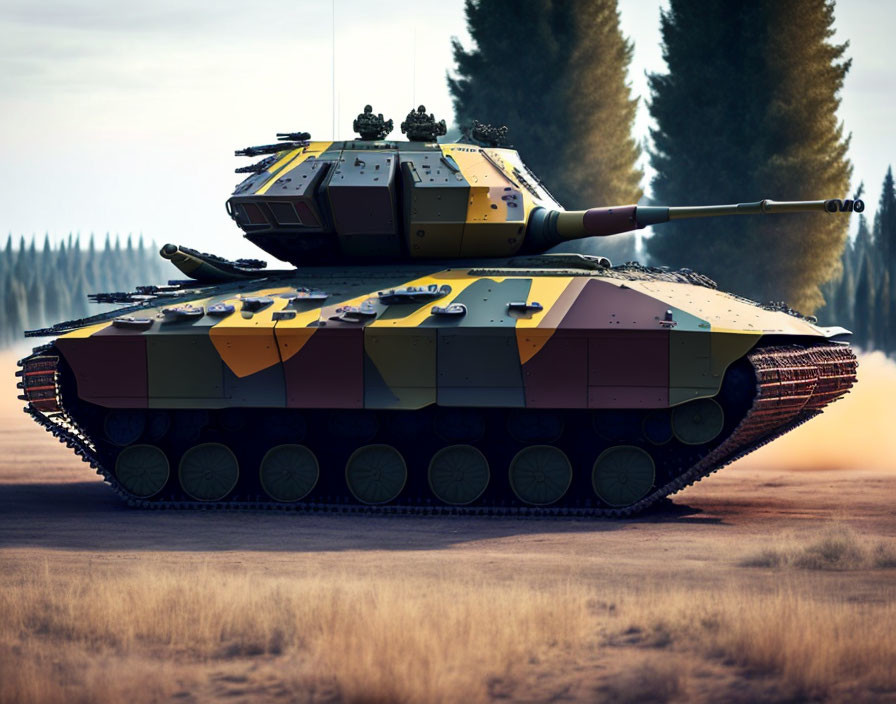 Camouflaged modern main battle tank in open field with forest background