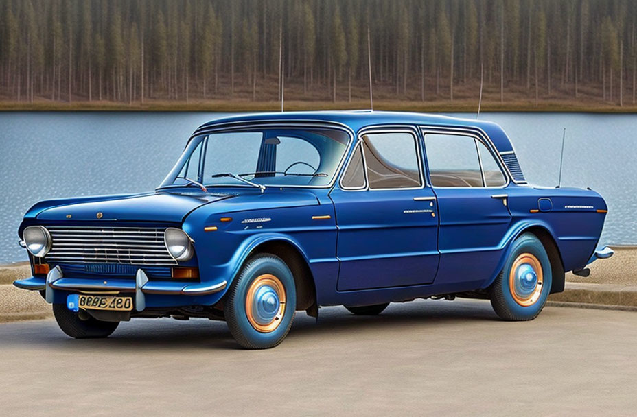 Vintage Blue Sedan with Chrome Detailing Parked by Lake Amid Green Trees