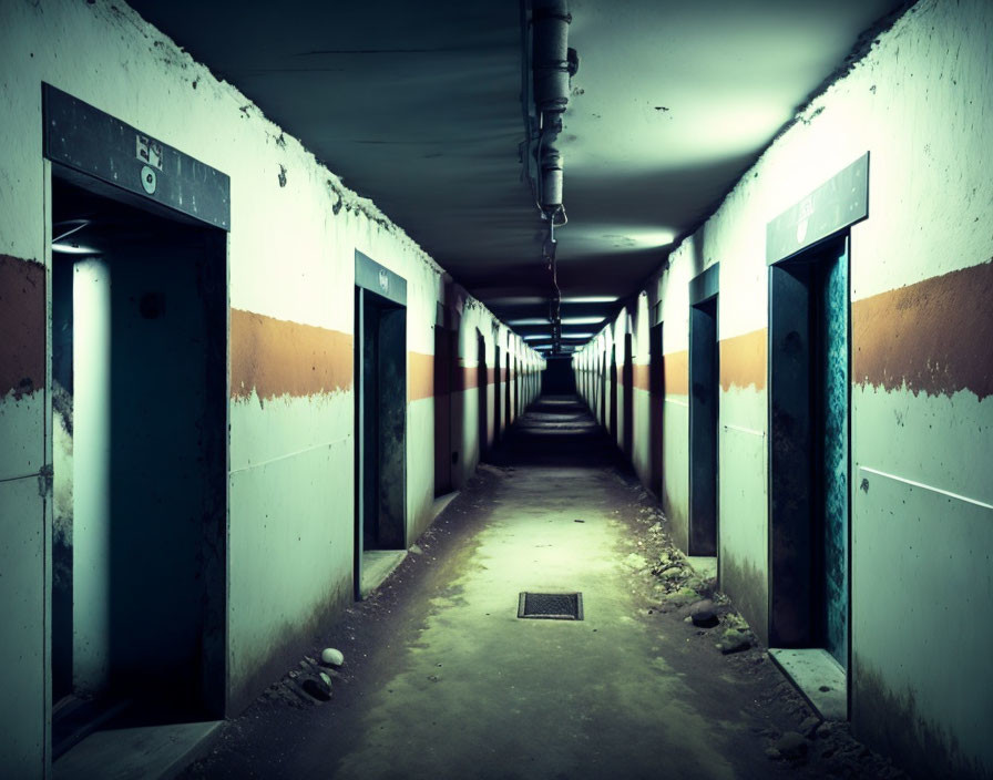 Dimly-lit corridor with closed elevator doors and ceiling pipes