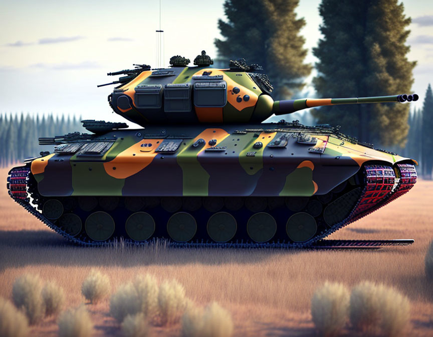 Futuristic tank with camouflage paint in forest setting