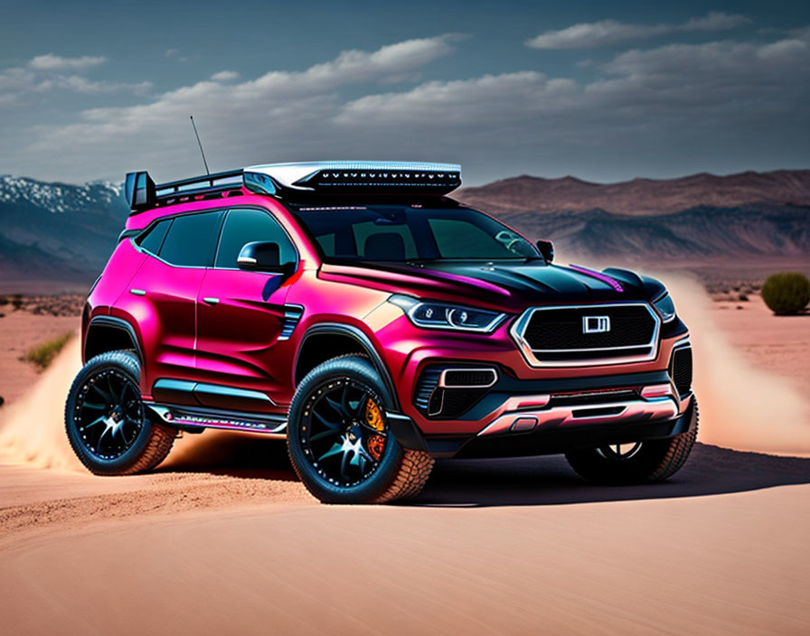 Futuristic pink SUV racing in desert with sleek design