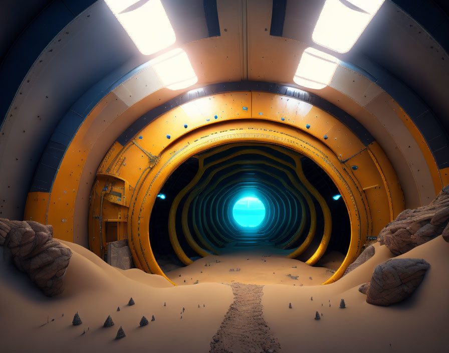 Brightly-lit futuristic tunnel with yellow walls and blue-lit exit in sandy surroundings.