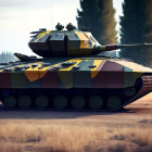 Futuristic tank with camouflage paint in forest setting