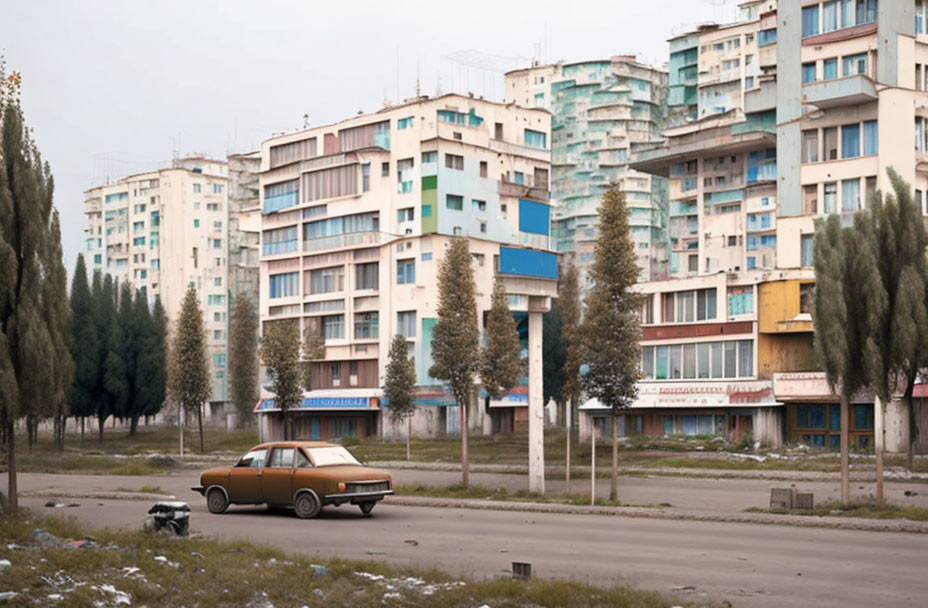 Solitary car parked in front of pastel-colored buildings under overcast sky