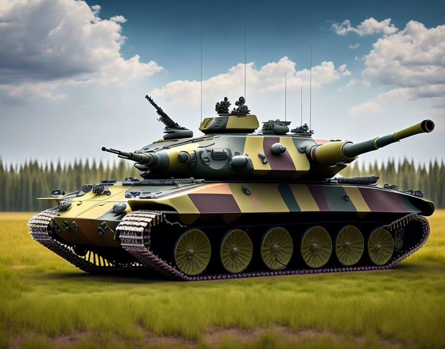 Camouflage-painted tank with multiple gun barrels on grassy field