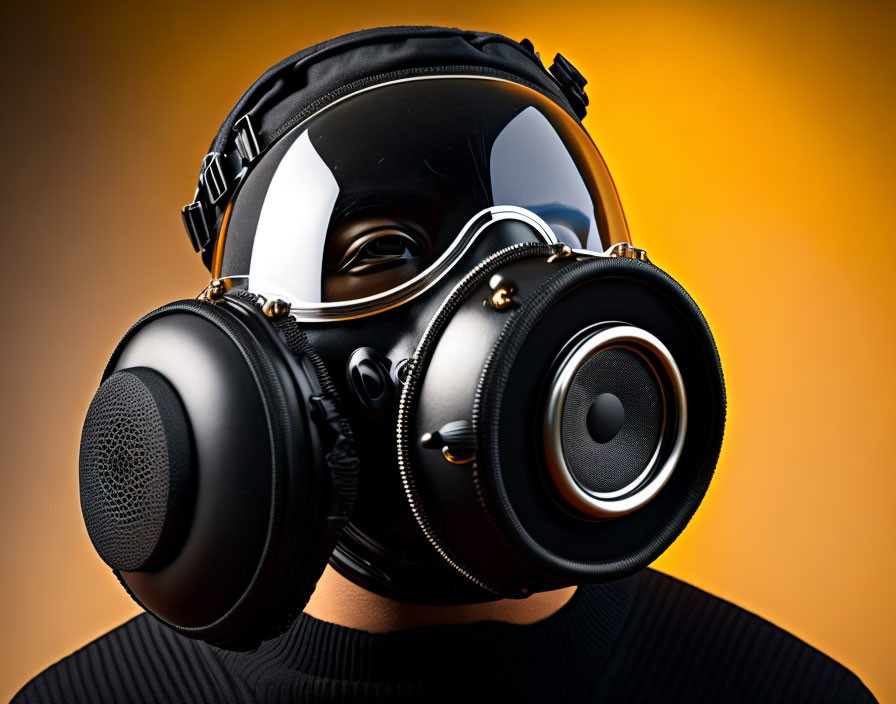 Person Wearing Black Gas Mask with Large Filters on Orange Background