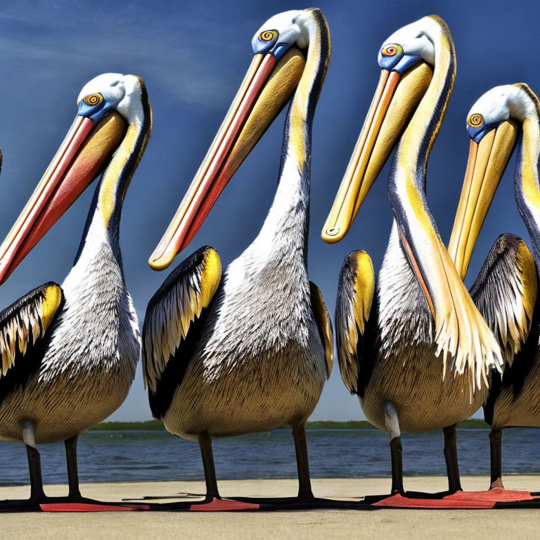 Three Pelicans Standing Side by Side with Long Beaks and Distinctive Plumage on Blue Sky