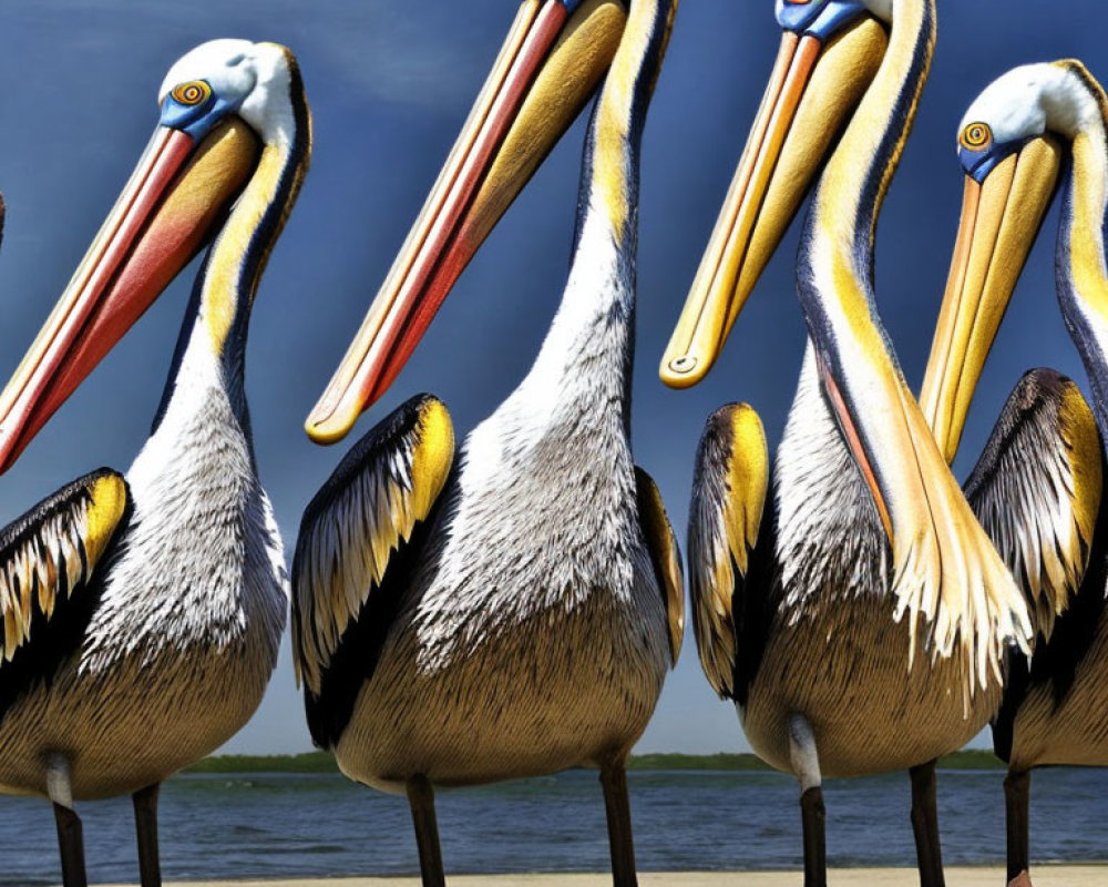 Three Pelicans Standing Side by Side with Long Beaks and Distinctive Plumage on Blue Sky