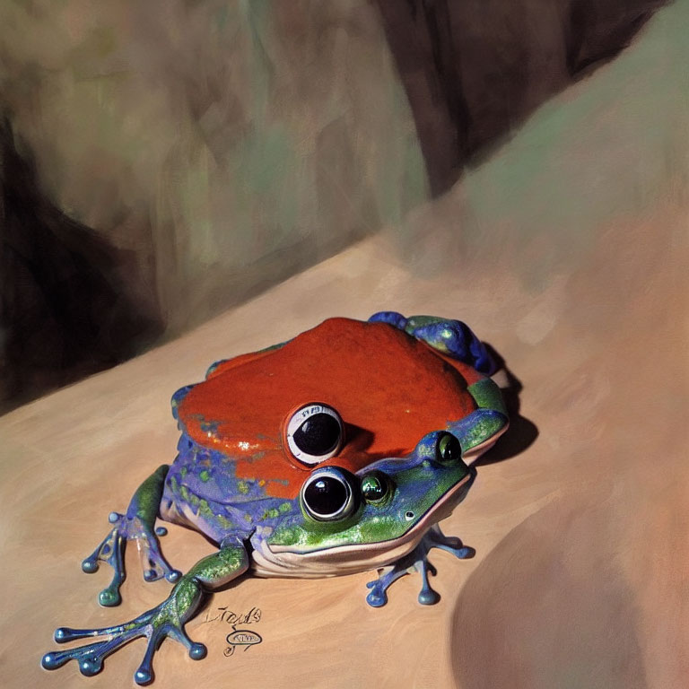 Colorful surreal artwork: Frog with extra eyes, blending natural and whimsical elements