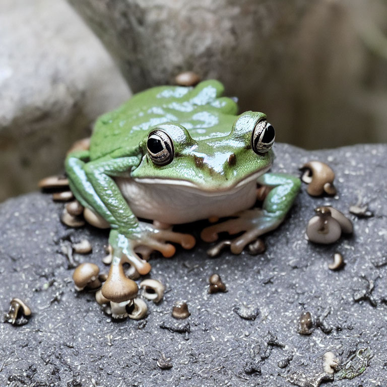 Green Frog with Large Eyes on Grey Rock Amid Small Brown Fungi