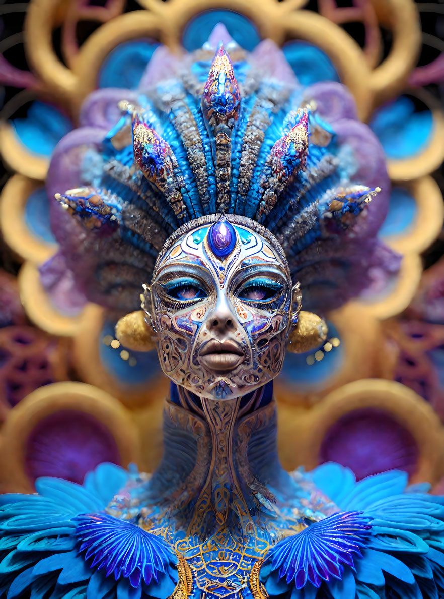 Elaborate Peacock-Inspired Portrait with Intricate Headdress