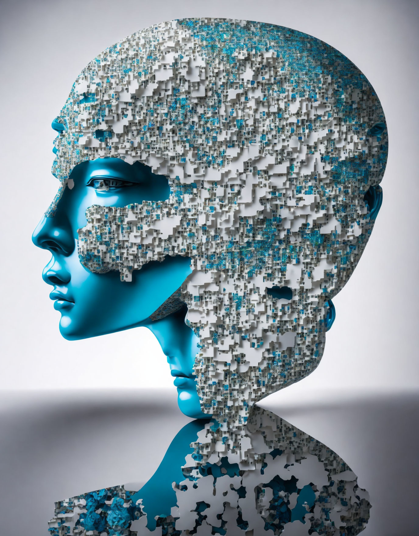 Digital human head profile disassembled by blue puzzle pieces