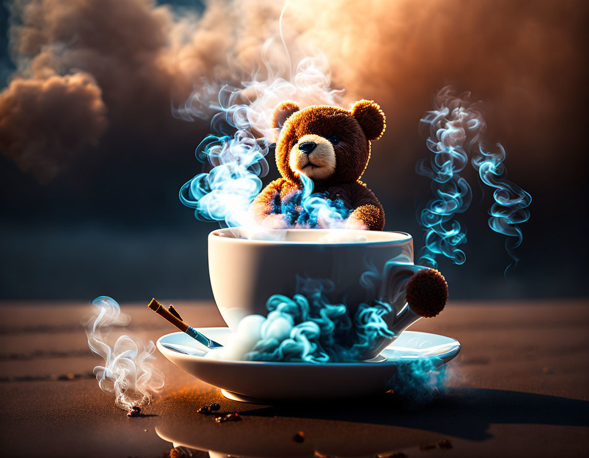 Teddy Bear Sitting on Cup with Blue Smoke and Miniature Cigarette