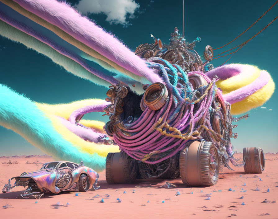 Colorful Yarn-like Structure in Desert Landscape with Abandoned Car