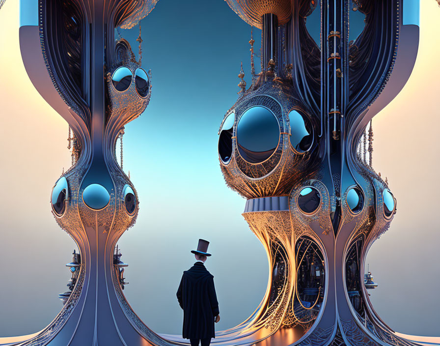 Person in hat surrounded by surreal towering structures and floating orbs under gradient sky