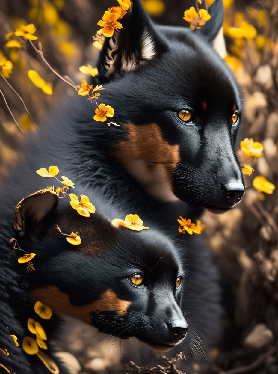 Two Black Dogs with Tan Markings Amongst Yellow Flowers in Warm Autumnal Setting