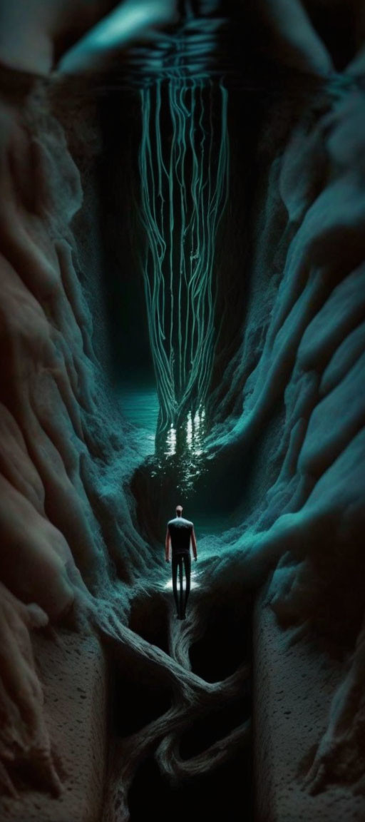 Surreal narrow cave with glowing blue walls and mysterious light source