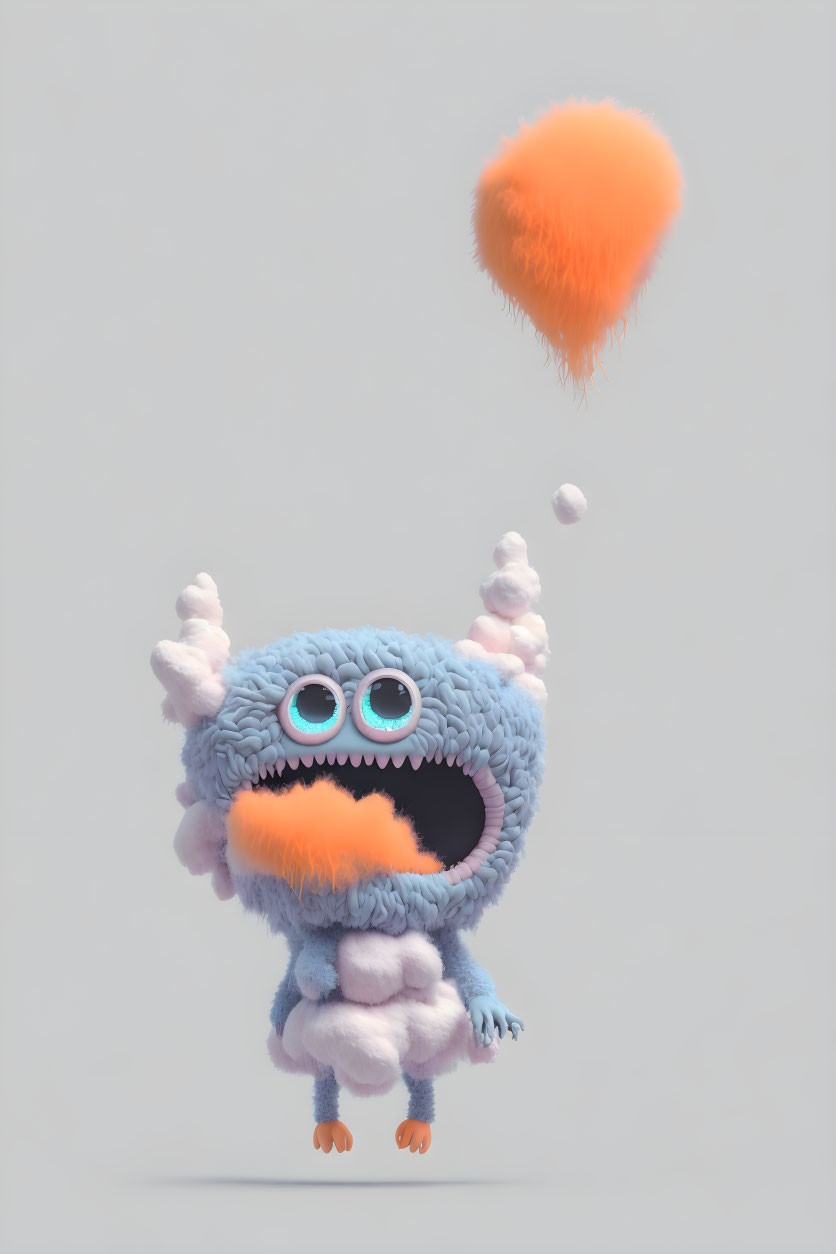 Fluffy blue and purple animated creature playing with orange furry object