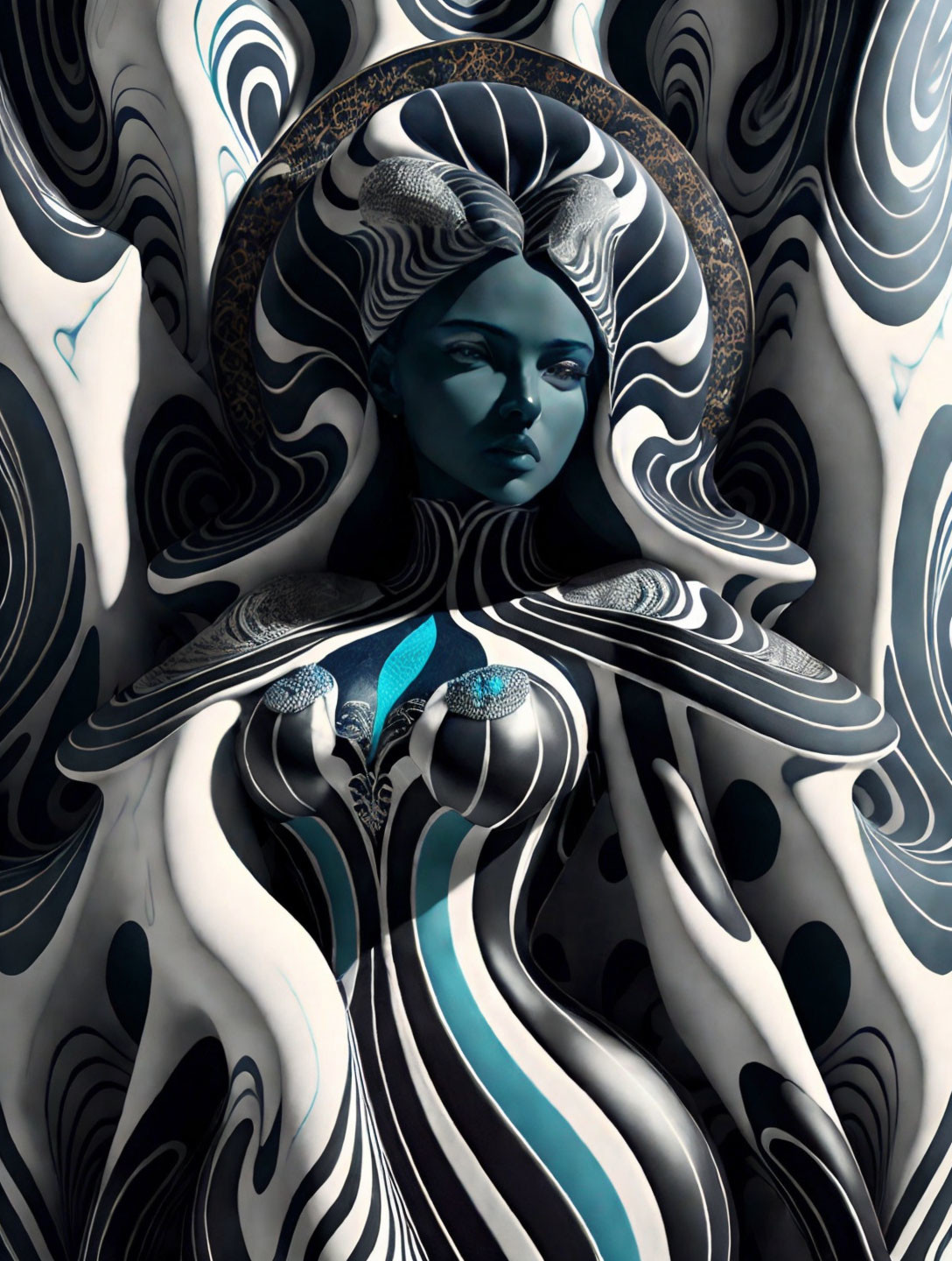 Blue-skinned woman in digital art with black and white patterns and gold accents