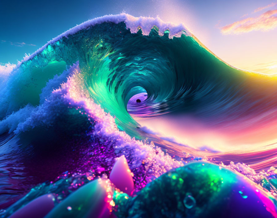 Digitally altered wave in pink and green under colorful sky