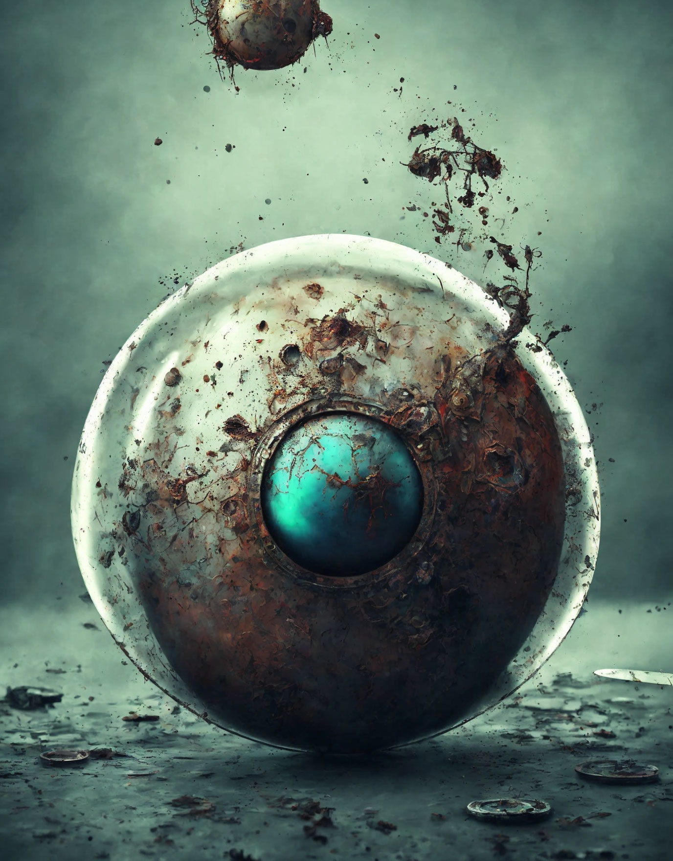 Abstract composition with rusty sphere, turquoise sphere, floating debris, and hazy atmosphere.