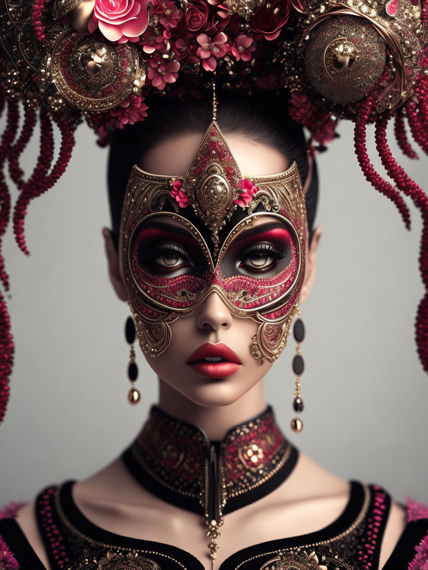 Woman wearing ornate masquerade mask and headdress with gold detailing, floral accents, vibrant makeup